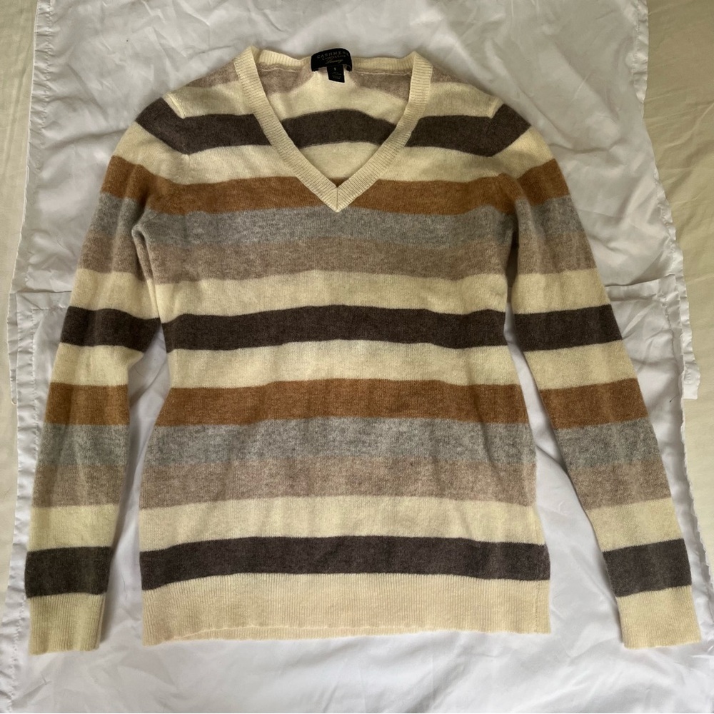 Cashmere Charter Club Luxury Striped V-Neck Sweater Small